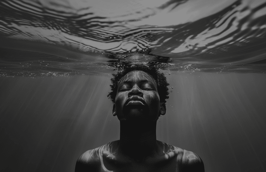 Black and white portrait of a young man partially submerged in water, looking upward toward the surface.